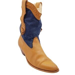 Vintage Connie Western Leather and Denim Shin High Boots Size 7.5B
